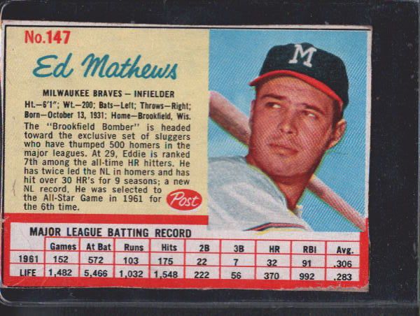 1962 Post #147 Eddie Mathews VGEX J159529  