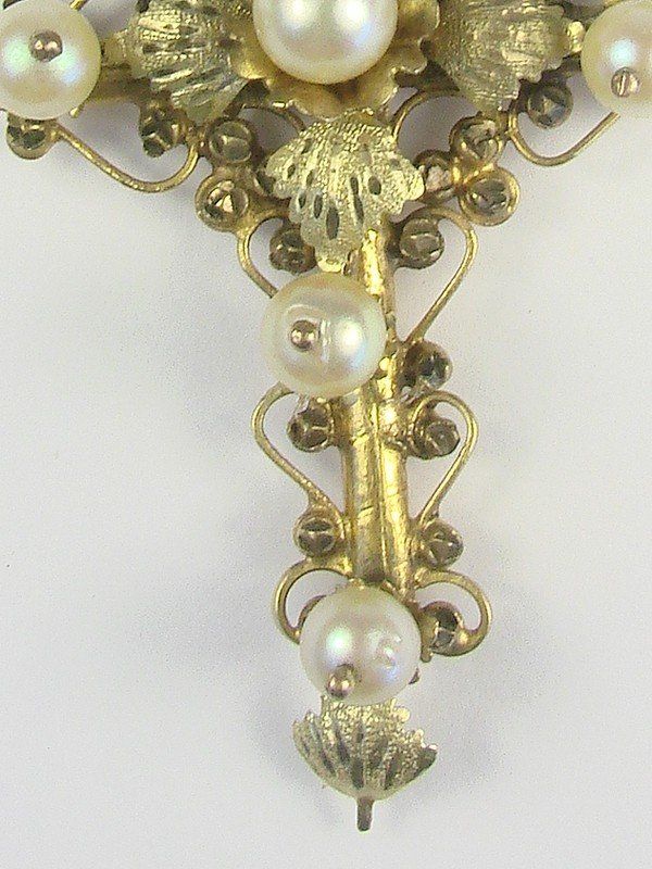 LOVELY ANTIQUE SPANISH 18K GOLD PEARL CROSS c1800s N/R  