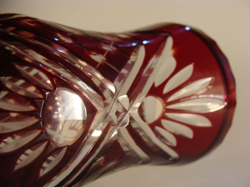 ART DECO BOHEMIAN BLOOD RED CUT CRYSTAL GLASS VASE  