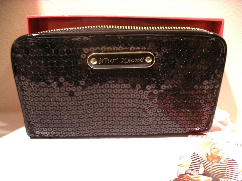   Betsey Johnson Hide N Sequin BLACK Zip Around Organizer CLUTCH WALLET