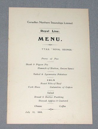 July 12th 1910 Royal Line TTSS Royal George Menu  