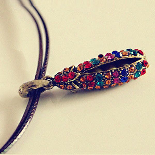 1Retro Multicolor crystals Pea Leather Pendant Necklace  