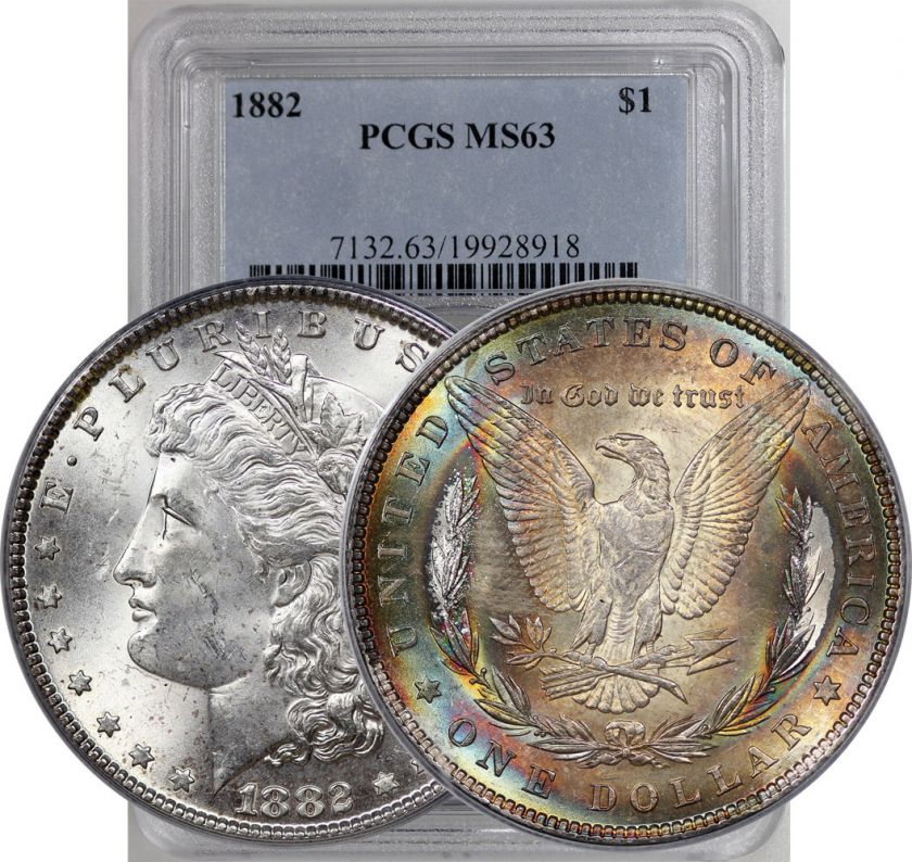 1882 MORGAN DOLLAR SILVER COIN PCGS MS63 RAINBOW TONED  