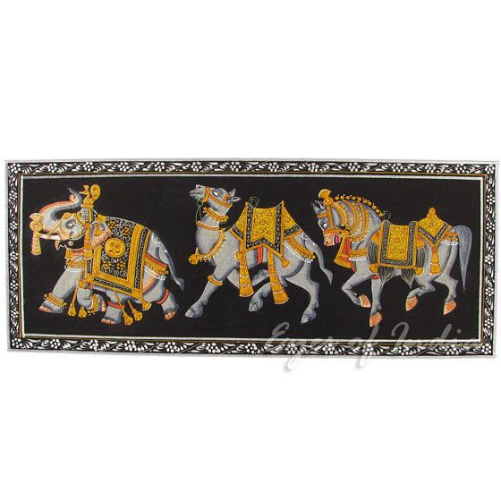 INDIAN RAJASTHANI ANIMALS ELEPHANT CAMEL HORSE PAINTING Vintage 