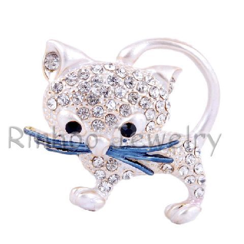 Cat White Rhinestone&Enamel Golden Brooch Size 28*28MM  