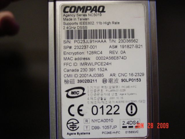 COMPAQ WL110 WIRELESS LAN PC CARD PCMCIA 802.11B WIFI  