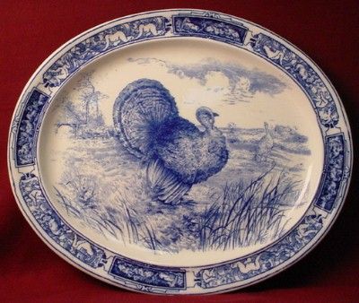 WEDGWOOD china TURKEY MOTIF Flow Blue OVAL TURKEY SERVING PLATTER 20 5 