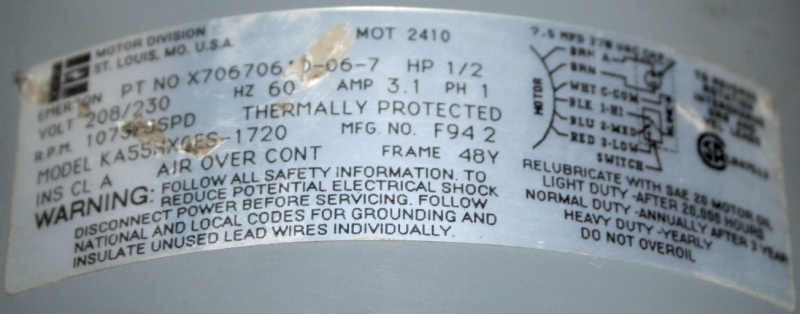 EMERSON ELECTRIC MOTOR 1/2HP 230V X70670610 06 7 KA55MX  