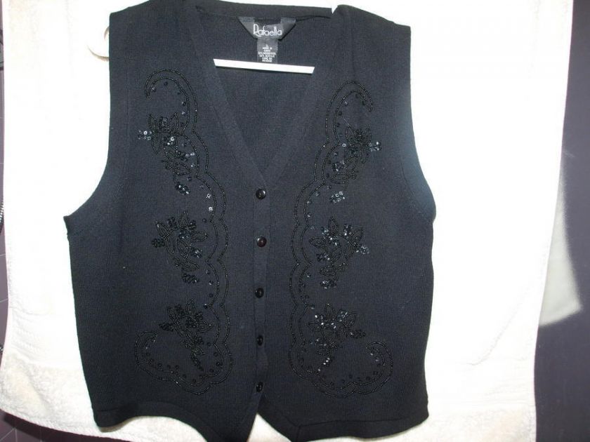 RAFAELLA BLACK BEAD AND SEQUIN WOOL VEST LARGE  