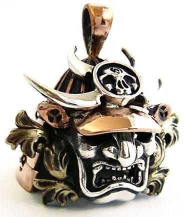 JAPANESE SAMURAI ARMOR FACE MASK COPPER SILVER PENDANT  