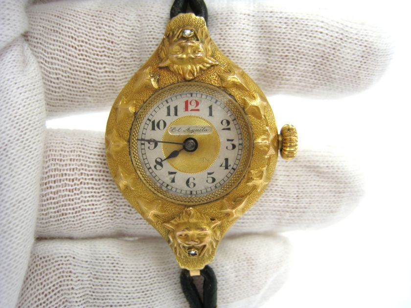 1920s El Aguila Diamond & 18K Yellow Gold Ladys Carved Lion Wrist 