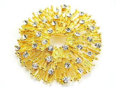 New Gold Crystal Radiating Star Burst Brooch Wedding  