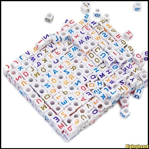 100 Plastic Mixed Acrylic White Alphabet Letter Cubes Bead 6mm  