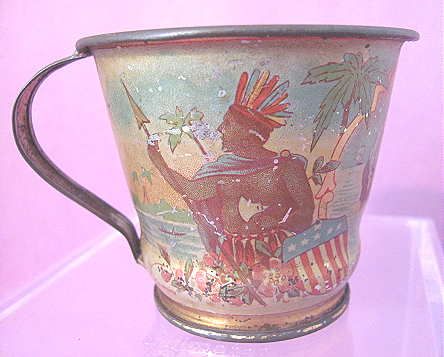 Vintage Child Tin CUP & Saucer Spanish American War Motif Boat Flag 