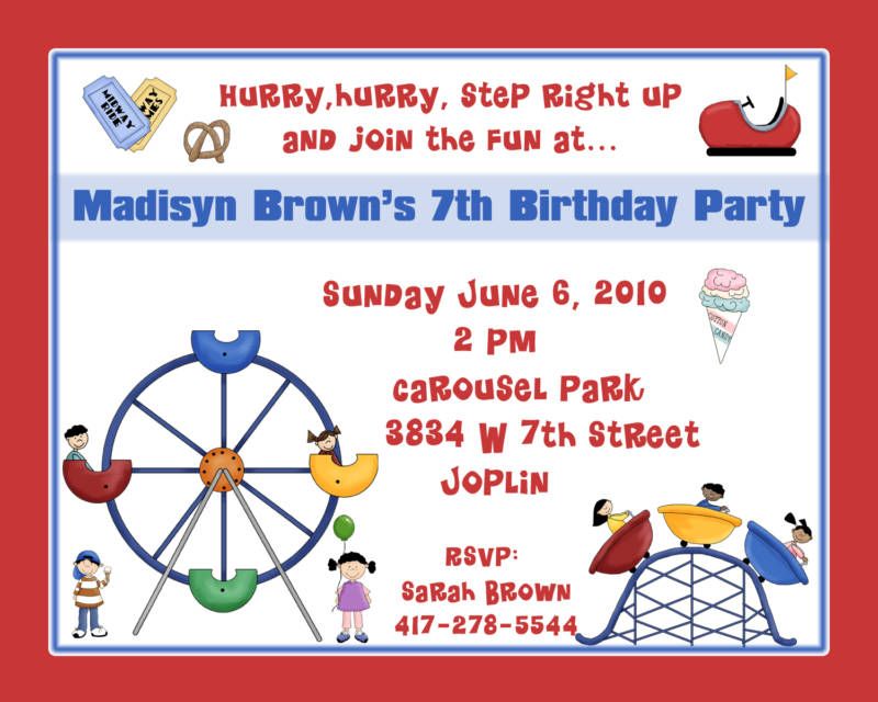 20 Birthday Invitations   Carnival or Theme Park  