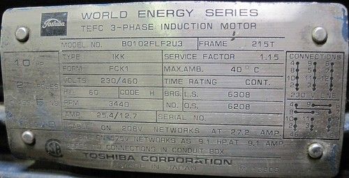 Toshiba World Energy 10HP 3 Phase Motor B0102FLF2U3  