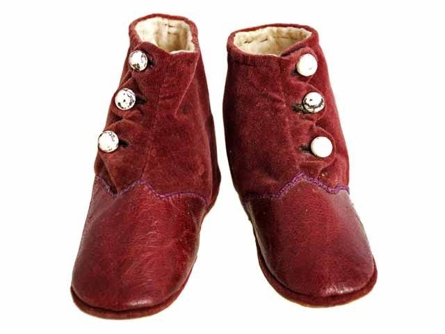 Antique Baby High Button Shoes Red Leather/Velvet 1870s  