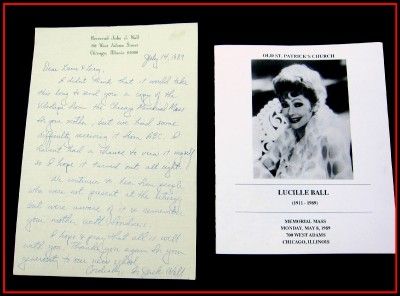 Lucille Ball Memorial Mass Chicago Program & personal letter Lucie 