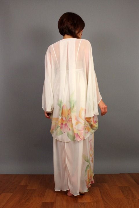 vtg 80 AVANT GARDE FLORAL Sheer GODDESS Nightgown Draped COCOON 