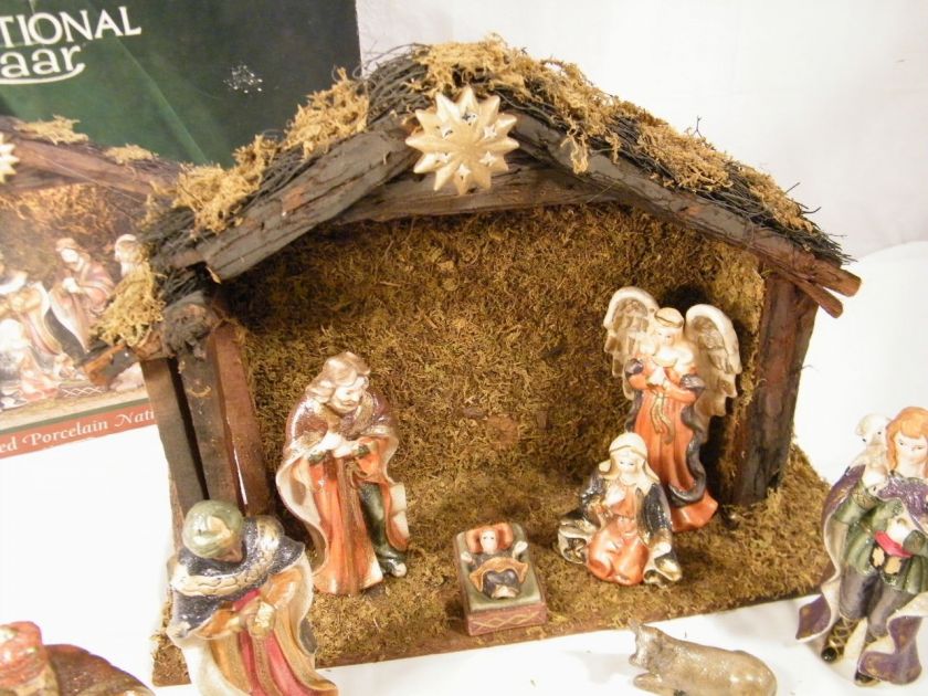 INTERNATIONAL BAZAAR LIGHTED PORCELAIN NATIVITY IN CRECHE WOOD & MOSS 