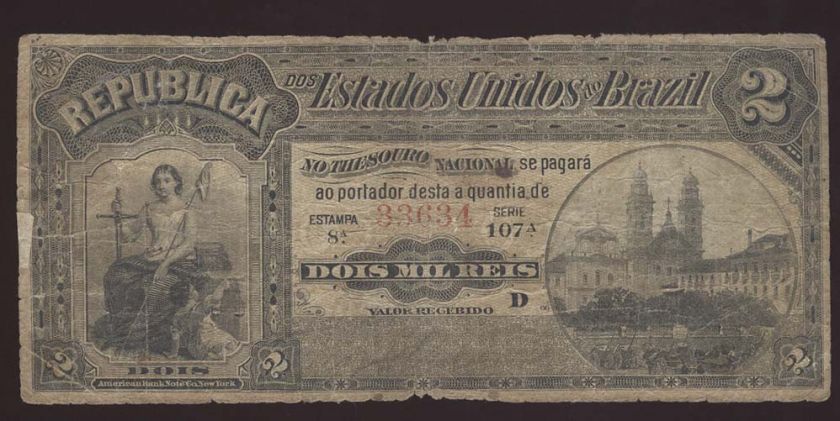 BRAZIL VERY RARE 2000 REIS ESTAMPA 8A 1890 NOTE★  