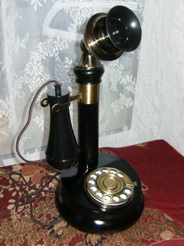   ANTIQUE WOOD BRASS CANDLESTICK ROTARY DIAL PHONE TELEPHONE OLD  