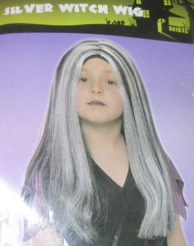 NIP Girls Childs Long Silver Black WITCH Costume WIG  