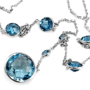 UNIQUE BLUE TOPAZ BY THE YARD STATION NECKLACE PENDANT 14K WHITE GOLD 