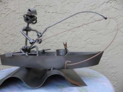 HINZ & KUNST FISHERMAN IN HIS BOAT METAL & BOLTS LARGE SCULPTURE 