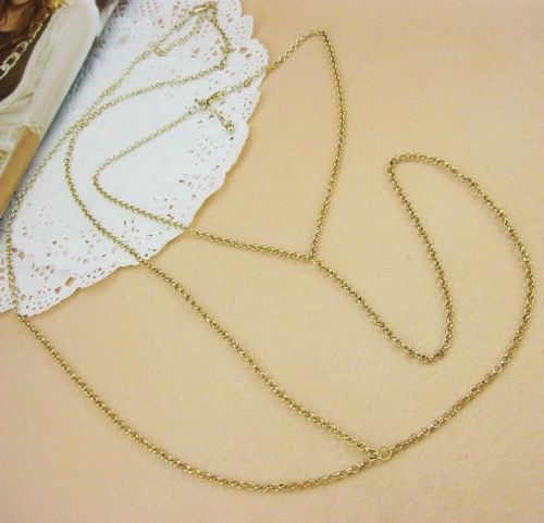 Womens Cross Body Harness Waist Chain Belly Vintage Gold Tone Necklace 