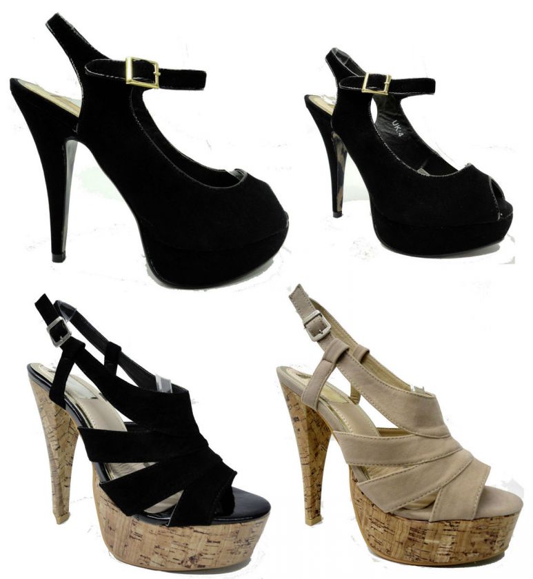 New Ladies Cork Stiletto High Heel Platform Peep toe Slingback Ankle 