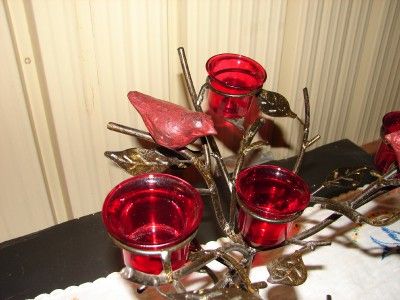 Red Cast Iron Votive Candle Holder Rustic/Branches Stem  