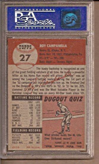 1953 TOPPS ROY CAMPANELLA #27 DODGERS PSA 8 NM MT  