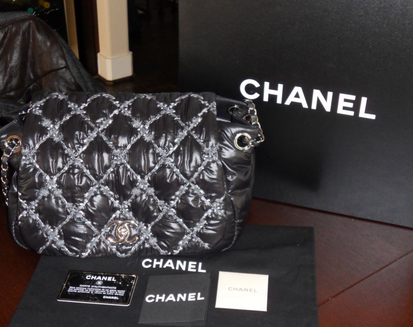 CHANEL JUMBO BLACK NYLON FLAP BAG, HANDBAG, TWEED & SILVER STITCHING 