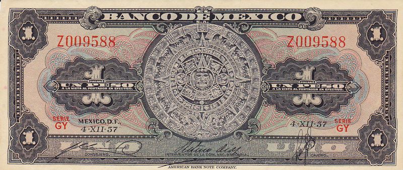 Mexico $ 1 Peso Calendar Azteca 4 XII, 1957 Exc Note  