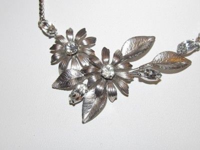 Vintage Signed KREMENTZ Cear Rhinestone Floral Necklace 14KT Rolled 