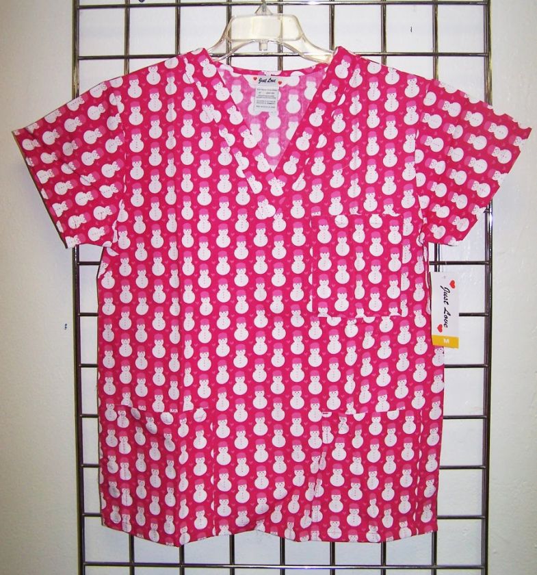 NWT Holiday Winter SNOWMAN Pink Print Nurses Uniform Scrub Top V Neck 