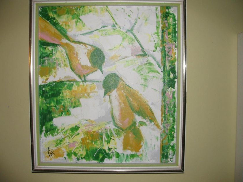 MID CENTURY ESTACIEN BENJAMIN CIEN MOD BIRDS PAINTING  