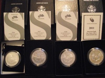 ALL 4 BURNISHED SILVER EAGLES 2006 W, 2007 W, 2008 W, & 2011 W 