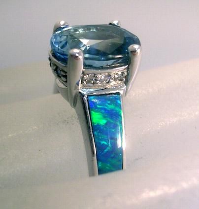 14K KABANA Opal Inlay Aquamarine Diamond Ring Size 7  