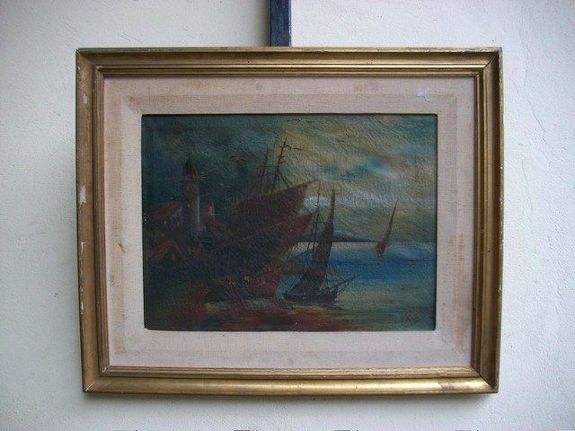 Great antique oil on canvas boats painting # 06414  