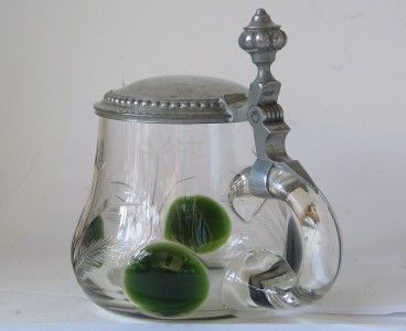 Antique German Glass Beer Stein Jugendstil w/Green Prunts c.1910s 