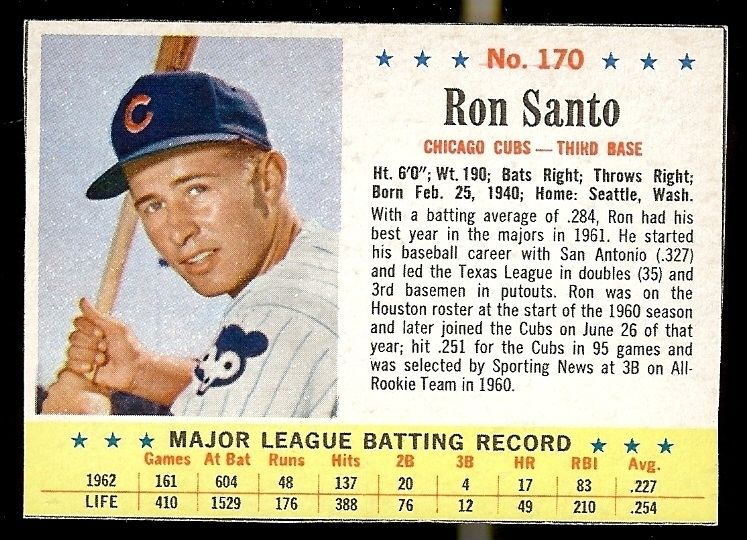 1963 POST CEREAL RON SANTO CUBS #170 NM CONDITION  