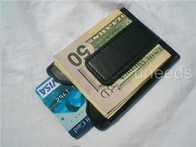 BLACK Leather Magnetic Money Clip ID Wallet Card Holder  
