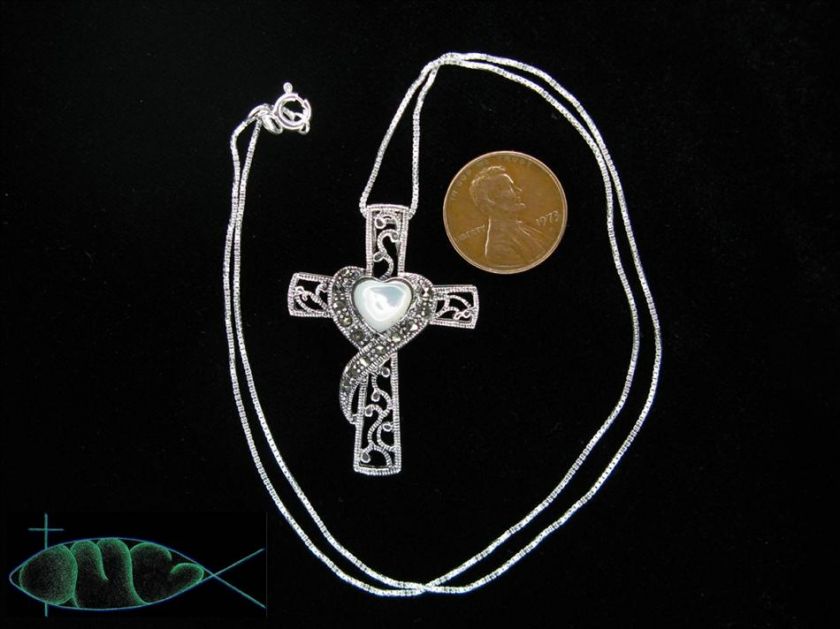 Sterling Silver MOP & Marcasite HEART Inlay CROSS   NEW  