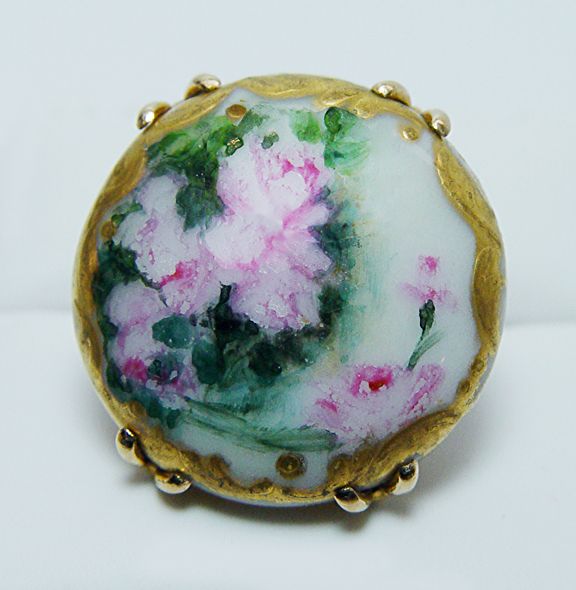 Huge Antique Hand Painted Porcelain Ring 14K Yellow Gol  