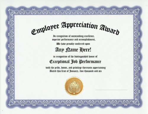 EMPLOYEE APPRECIATION AWARD CERTIFICATE JOB RECOGNITION  