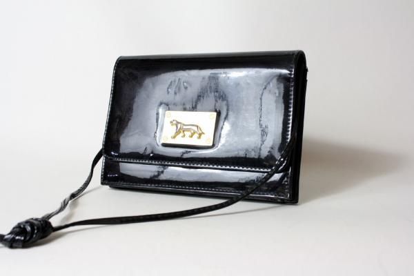 Vtg Patent Leather Gold Jaguar Purse Con Clutch Bag  