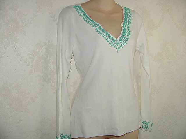 NWT ~~~ LOFT ANN TAYLOR knit top White Beaded Slim ~~ S  