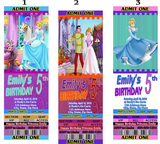 CINDERELLA Birthday Party Ticket Style Invitations  